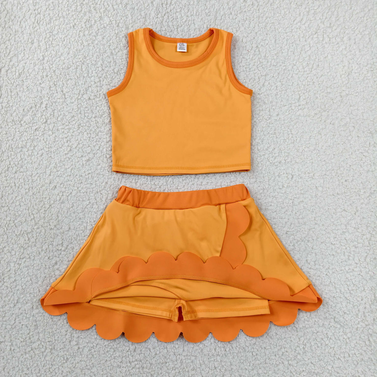 GSD4081 Baby Girls Orange Sleeveless Vests Skirt Short Yoga Active Scallop Clothes Set
