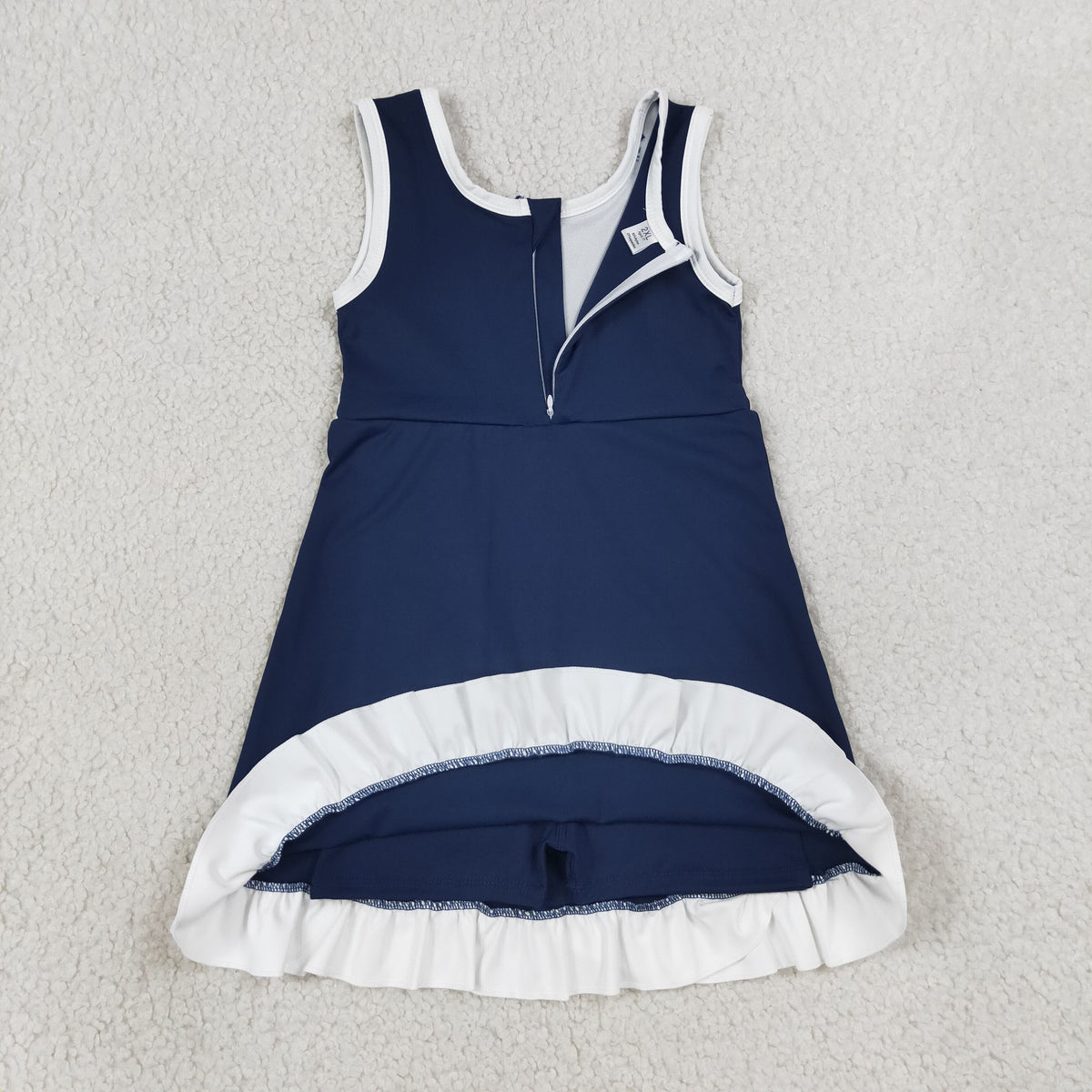 GSD4145 Baby Girls Navy White Back Zip Yoga Active Short Ruffle Knee Length Dress