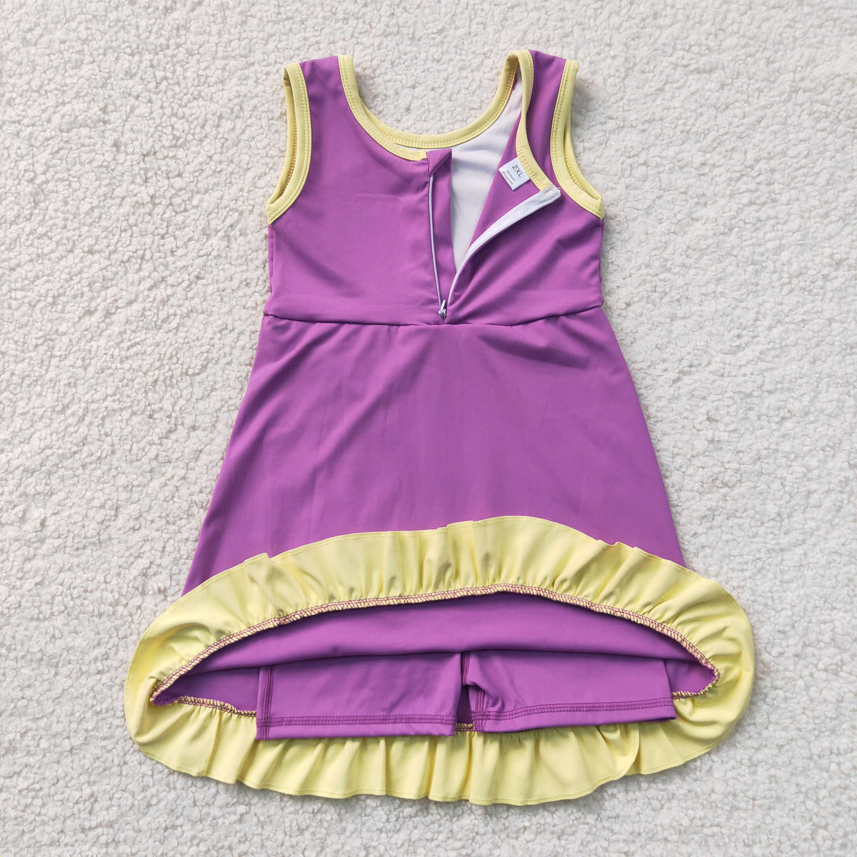 GSD4147 Baby Girls Yellow Purple Back Zip Yoga Active Short Ruffle Knee Length Dress