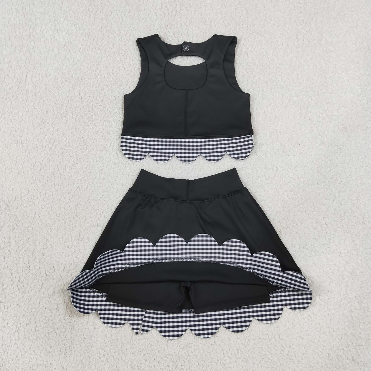 GSD4176 Baby Girls Black Checked Vests Bows Skirt Short Yoga Active Scallop Clothes Set