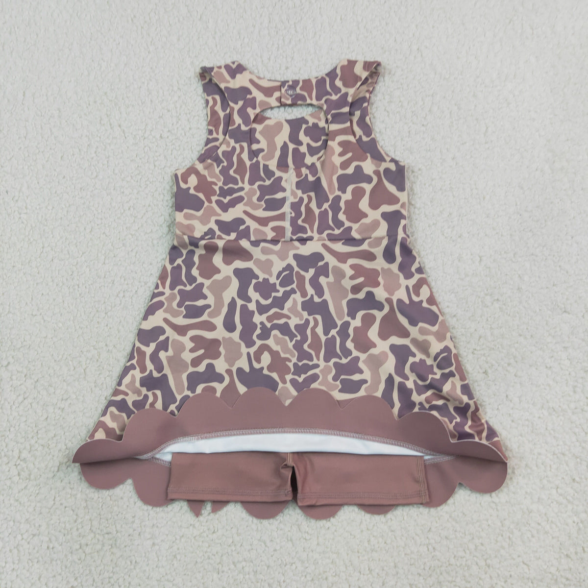 GSD4227 Baby Girls Brown Camo Yoga Active Short Bows Scallop Knee Length Dress
