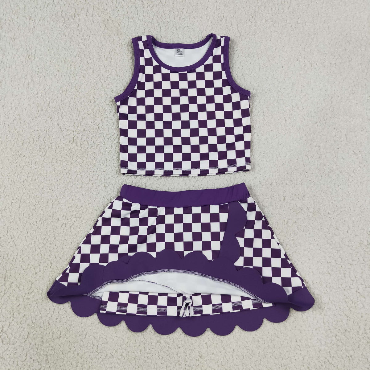 GSD4251 Baby Girls Purple Checked Sleeveless Vests Skirt Short Yoga Active Scallop Clothes Set