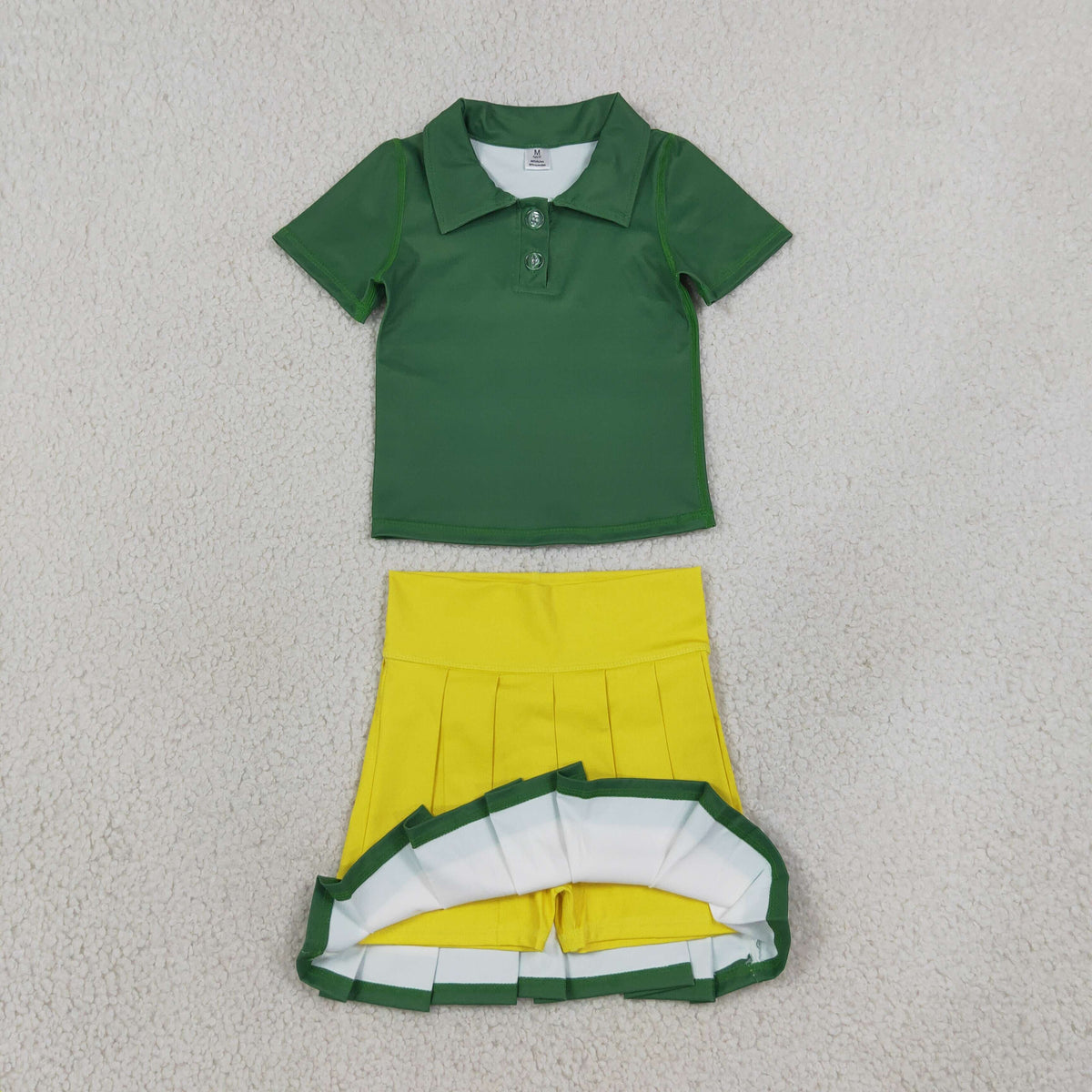 GSD4261 Baby Girls Green Button Polo Shirts Pleated Shirt Short Yoga Active Clothes Set