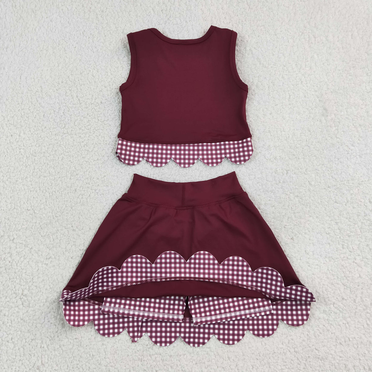 GSD4266 Baby Girls Maroon Checked Vests Bows Skirt Short Yoga Active Scallop Clothes Set
