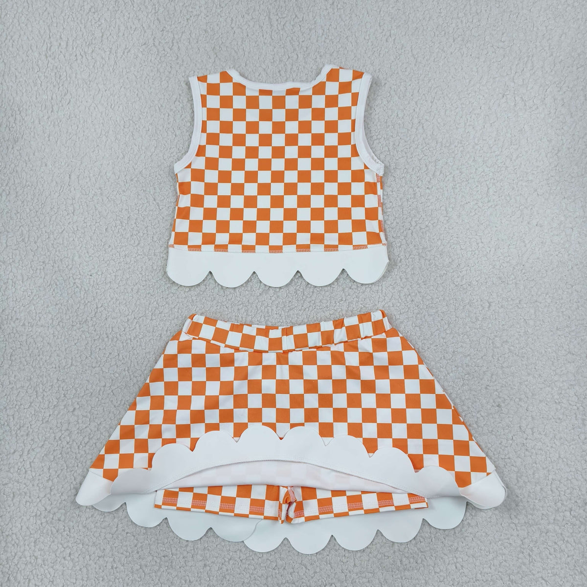 GSD4282 Baby Girls Orange Checked Tennessee Vests Bows Skirt Short Yoga Active Team Scallop Clothes Set