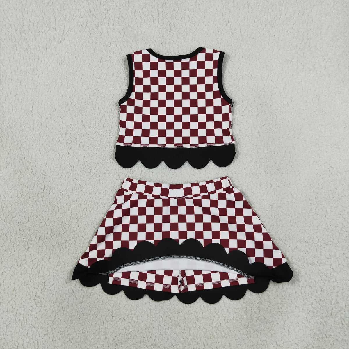 GSD4288 Baby Girls Maroon Checked Gamecocks Vests Bows Skirt Short Yoga Active Team Scallop Clothes Set