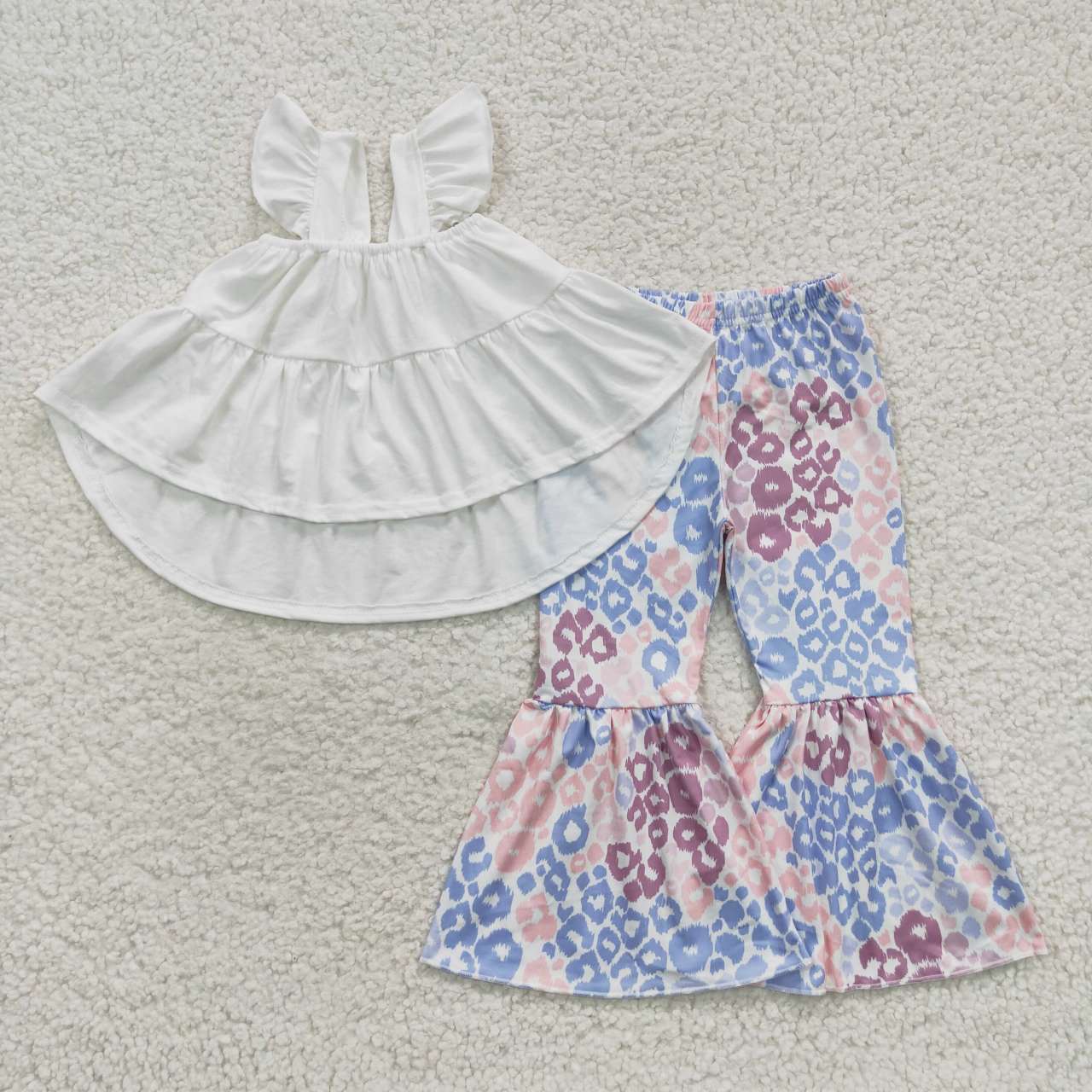 kids girls sleeveless gallus white tops leopard bottoms sets GSPO0678