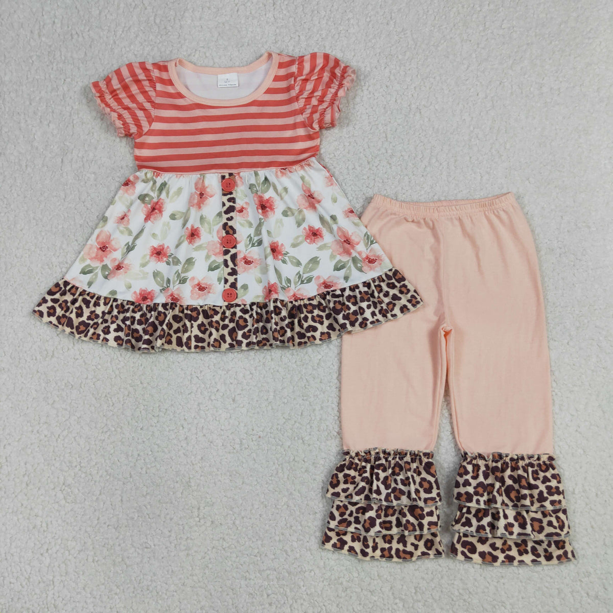 GSPO1044 Baby Girls Short Sleeve Flowers Leopard Button Tunic Ruffle Pant Clothes Set