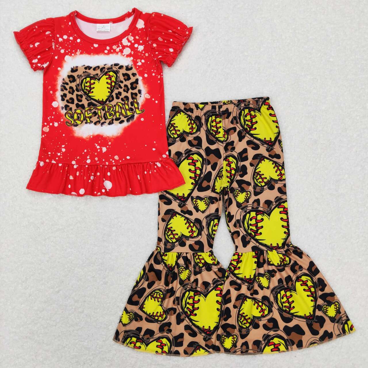 GSPO1086 Baby Girls Softballs Leopaerd Top Bell Bottom Pants Team Clothes Sets