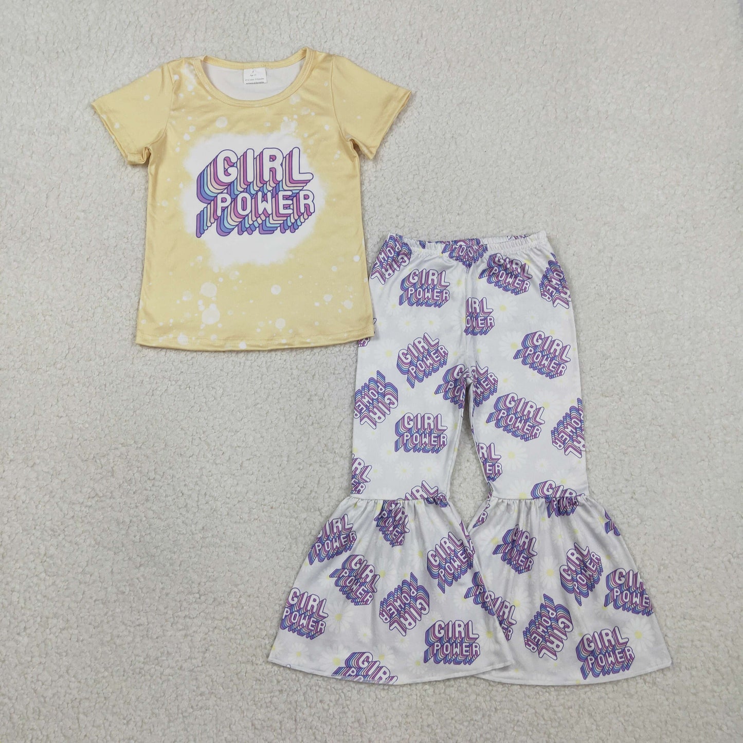 GSPO1092 Baby Short Sleeve Girl Power Top Bell Bottom Pants Clothes Sets