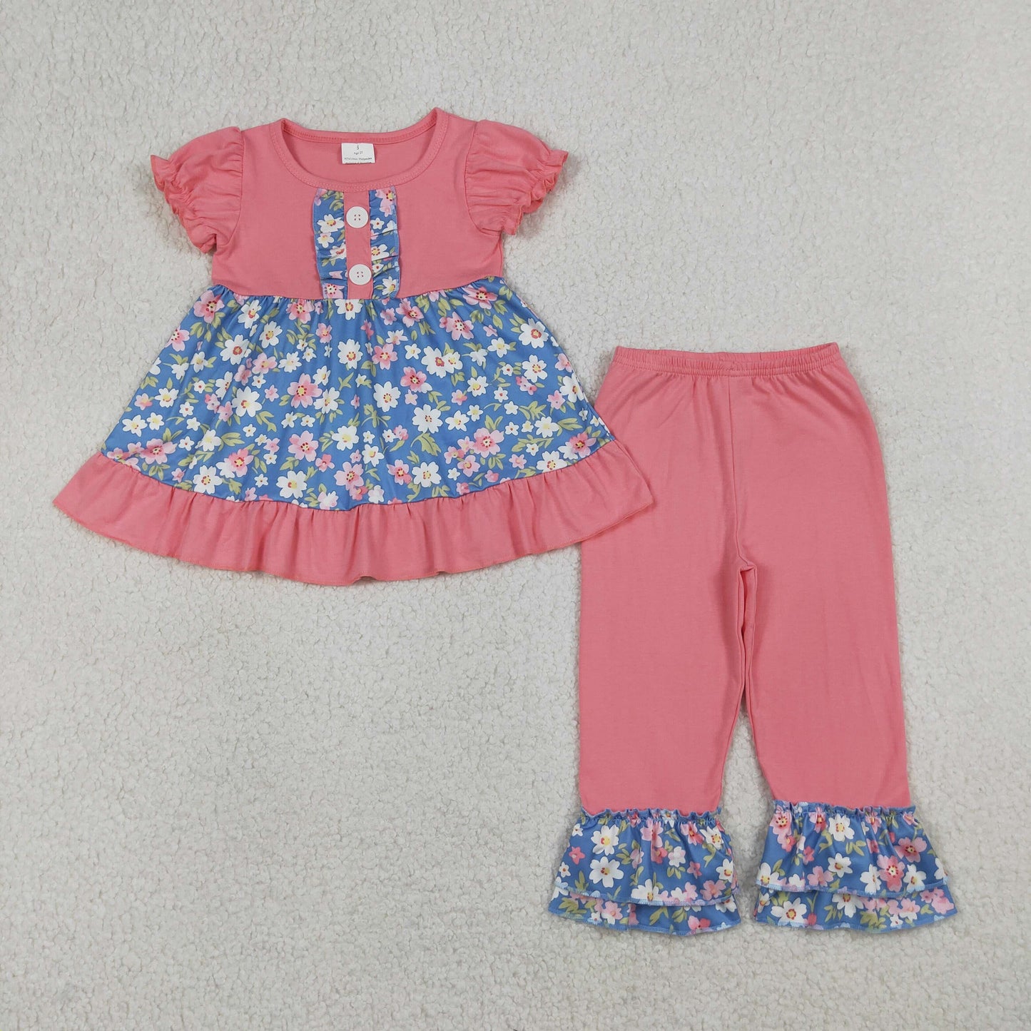 GSPO1814 Baby Girls Colorful Flowers Button Tunic Ruffle Pant Clothes Sets