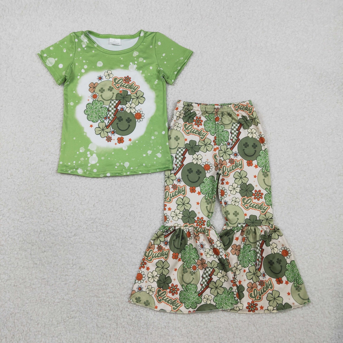 GSPO1876 Baby Girls Smile Clovers Top Bell Bottom Pants St Patrick Clothes Sets