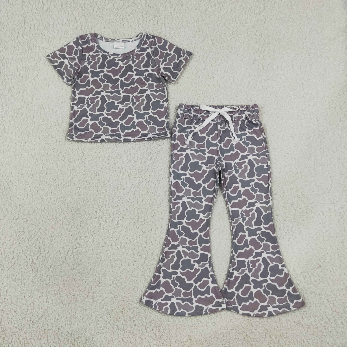 GSPO1889 Baby Girls Short Sleeve Grey Camo Top Bell Bottom Clothes Set