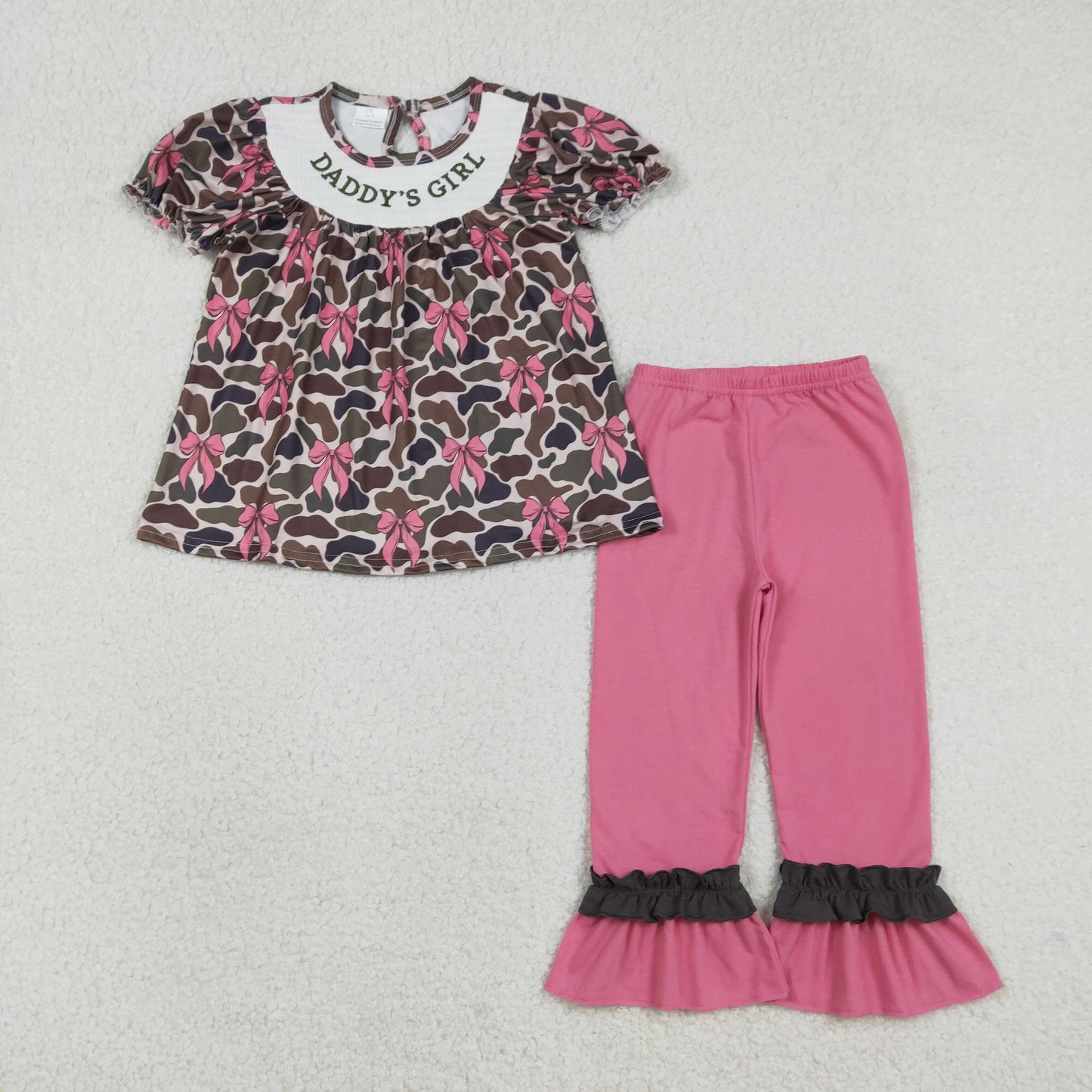 GSPO2025 Smocked Daddy's Girl Brown Camo Bows Tunic Ruffle Pants Clothes Sets