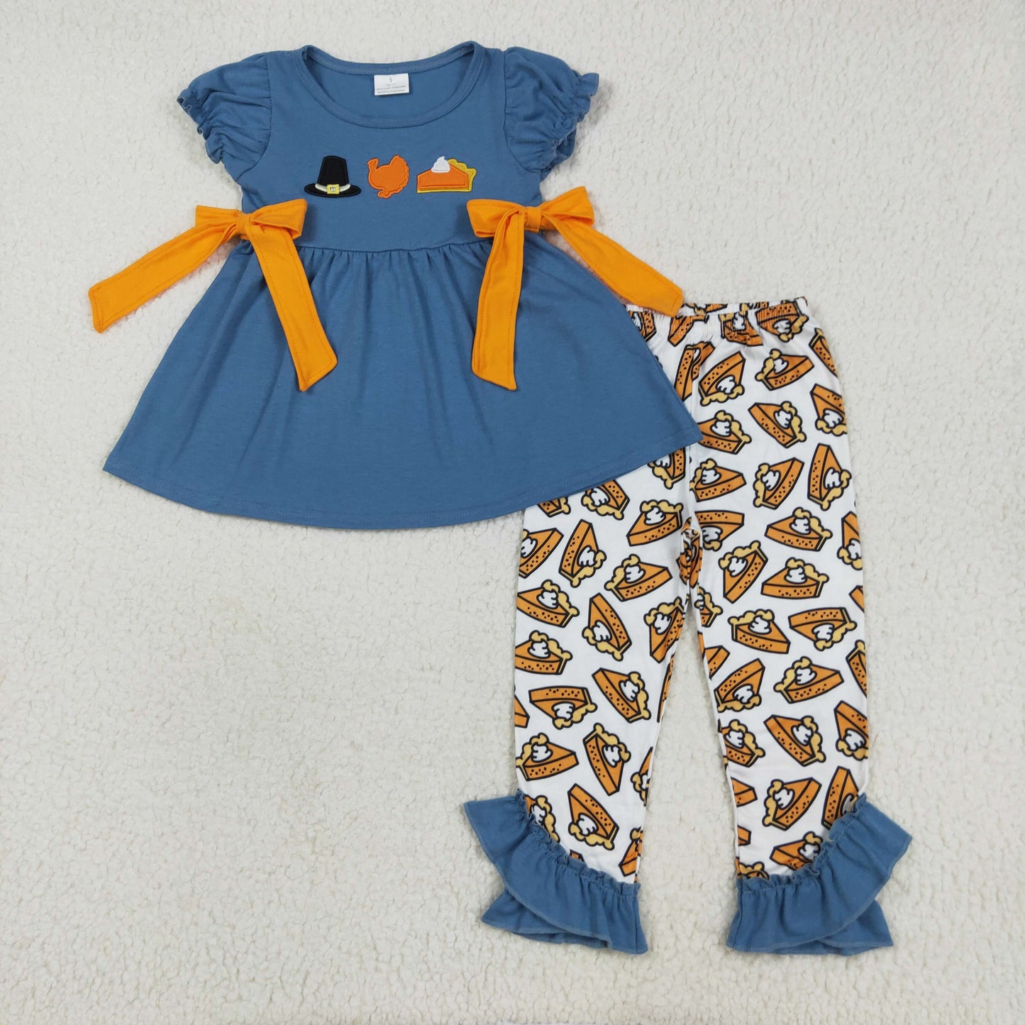 Sibling Baby Boys Girls Embroidery Turkey Pie Short Sleeves Pants Thanksgiving Clothes Sets