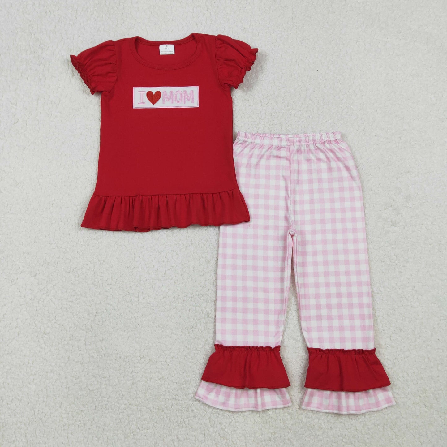 GSPO2071 Baby Girls Embroidery I Love Mom Top Checked Ruffle Pants Clothes Sets
