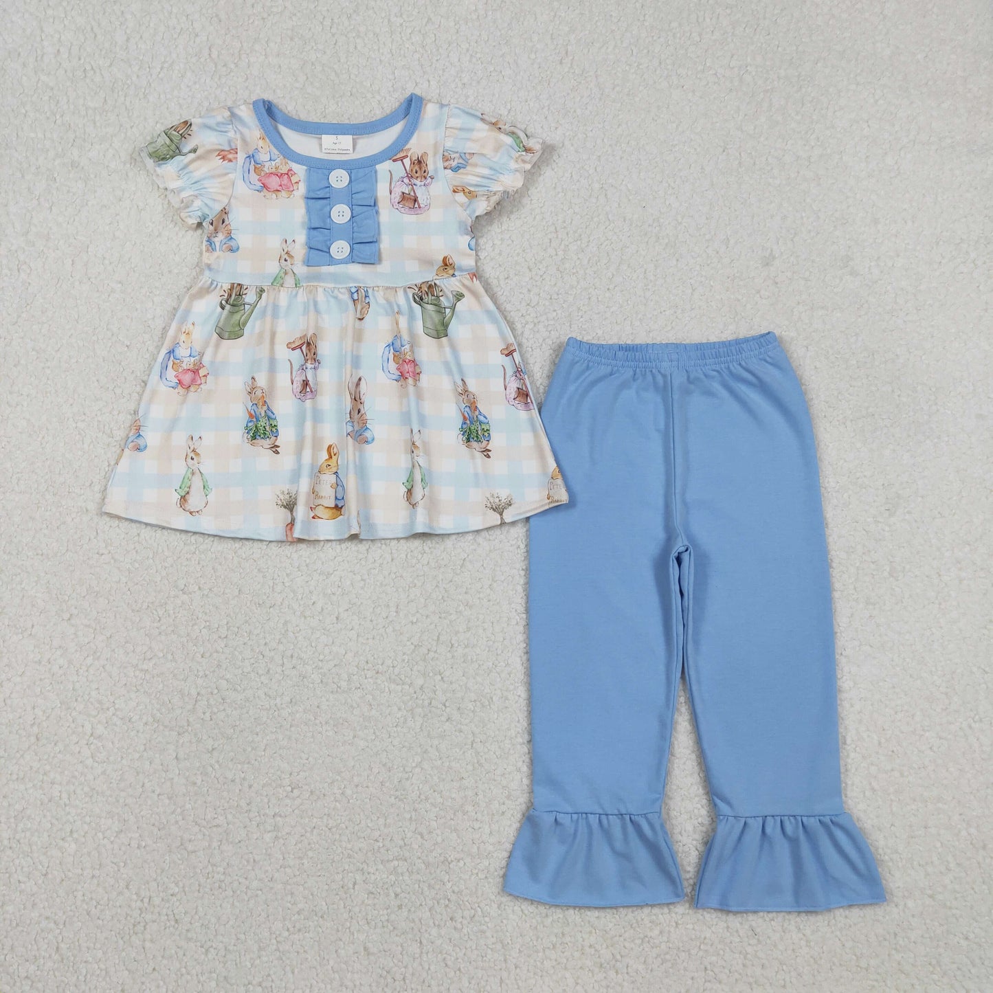 Sibling Baby Girls Rabbits Button Tunic Ruffle Short Pants Easter Clothes Sets