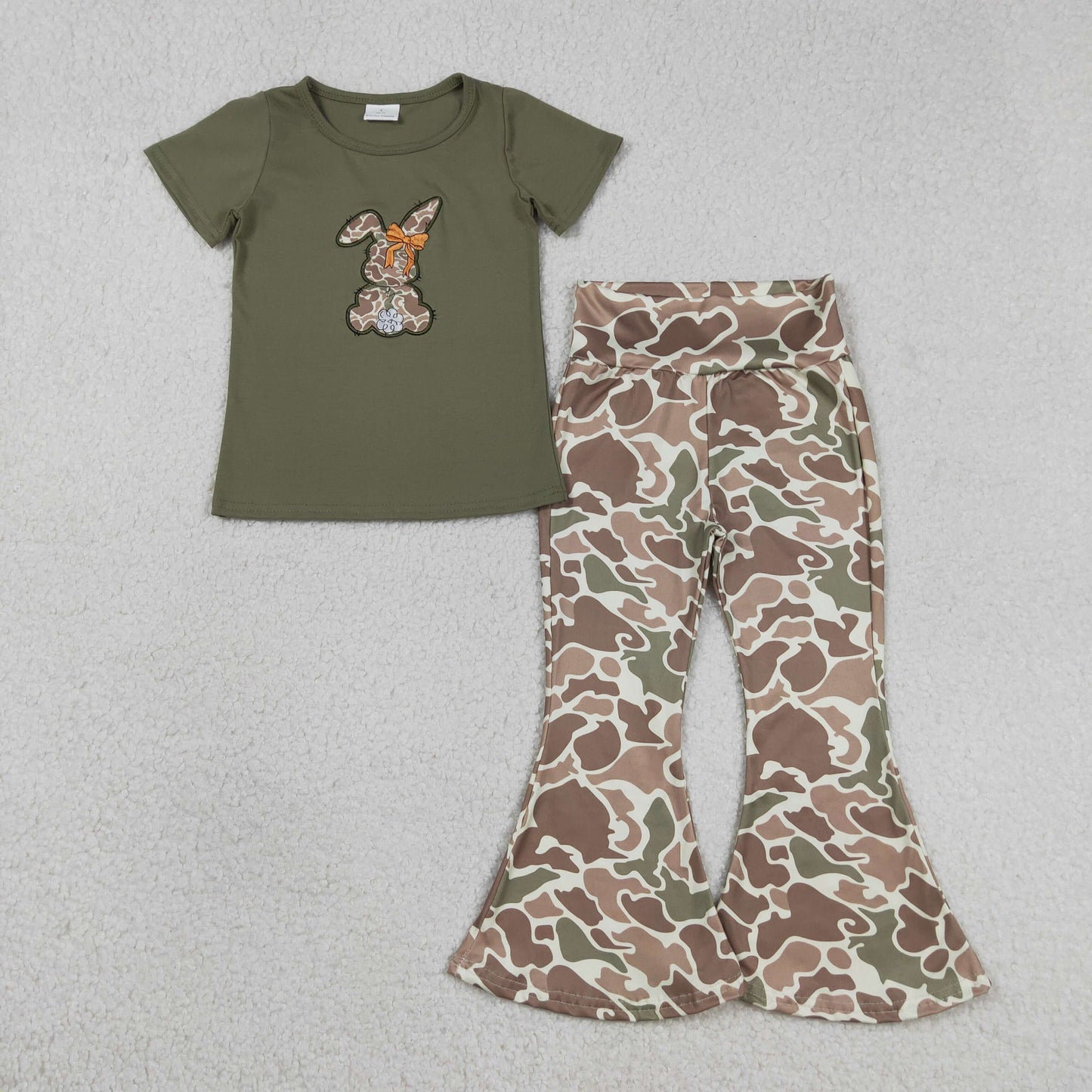 GSPO2110 Baby Girls Embroidery Camo Rabbit Top Bell Bottom Pant Easter Clothes Sets