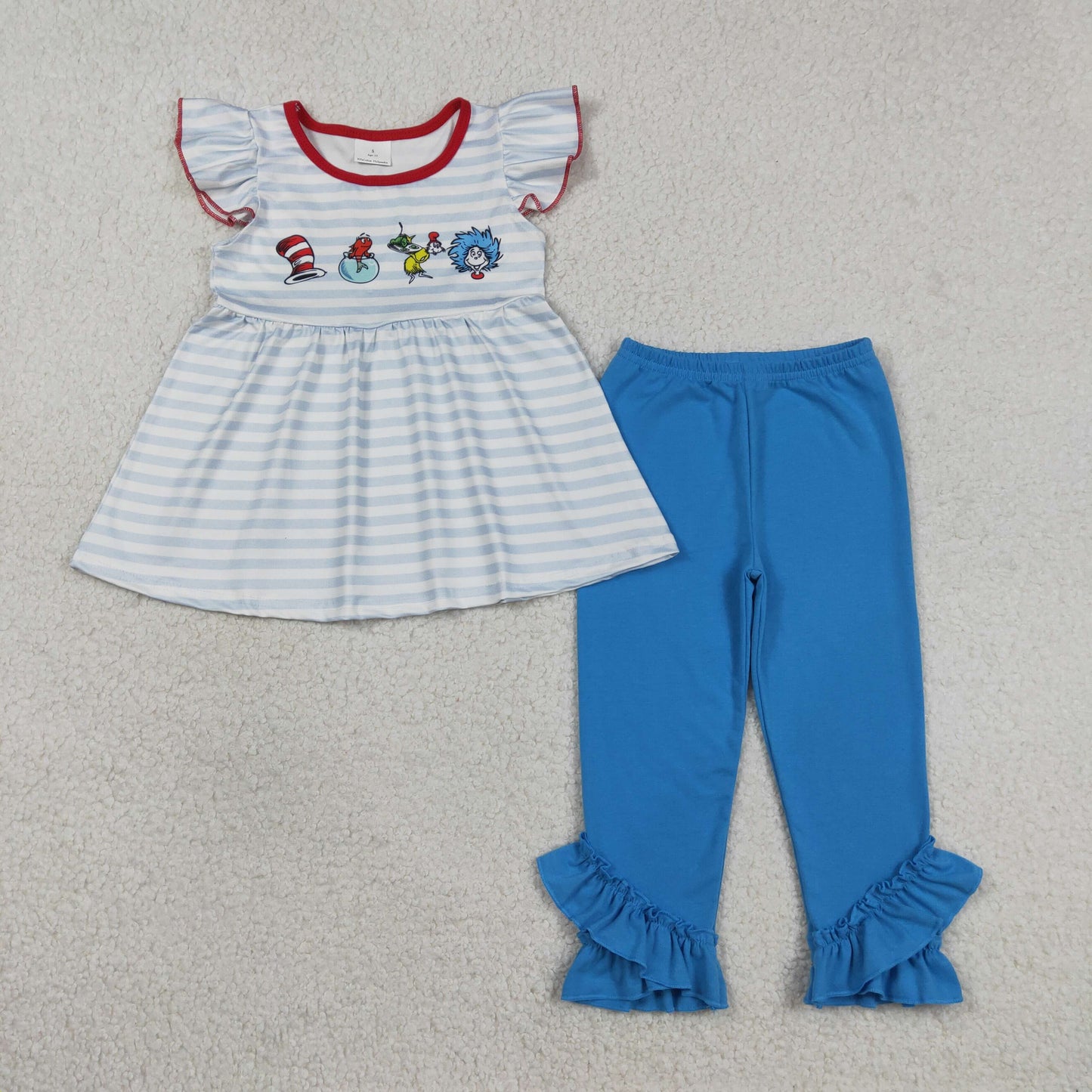 GSPO2136 Baby Girls Blue Stripe Cartton Dr Reading Tunic Ruffle Leggings Clothes Sets