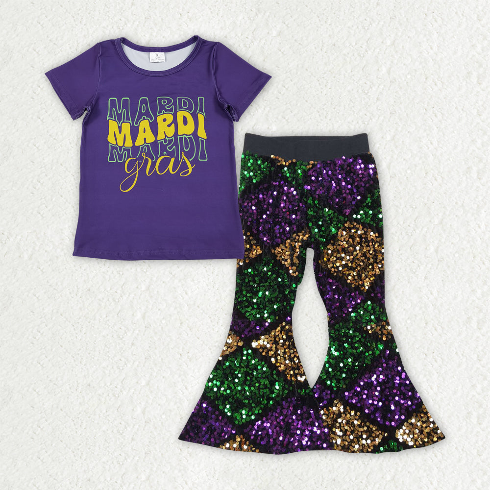 Sibling Baby Girls Mardigras Top Sequin Checked Bell Bottom Pants Clothes Sets