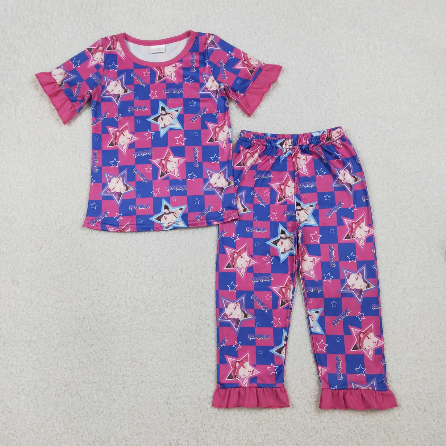 GSPO2230 Baby Girls Cartoon Demon Stars Checked Top Ruffle Pants Pajamas Sets