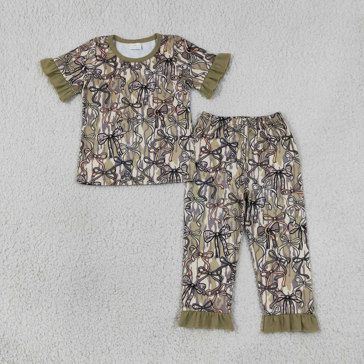 GSPO2264 Baby Girls Short Sleeve Olive Camo Bows Top Ruffle Pant Pajamas Set