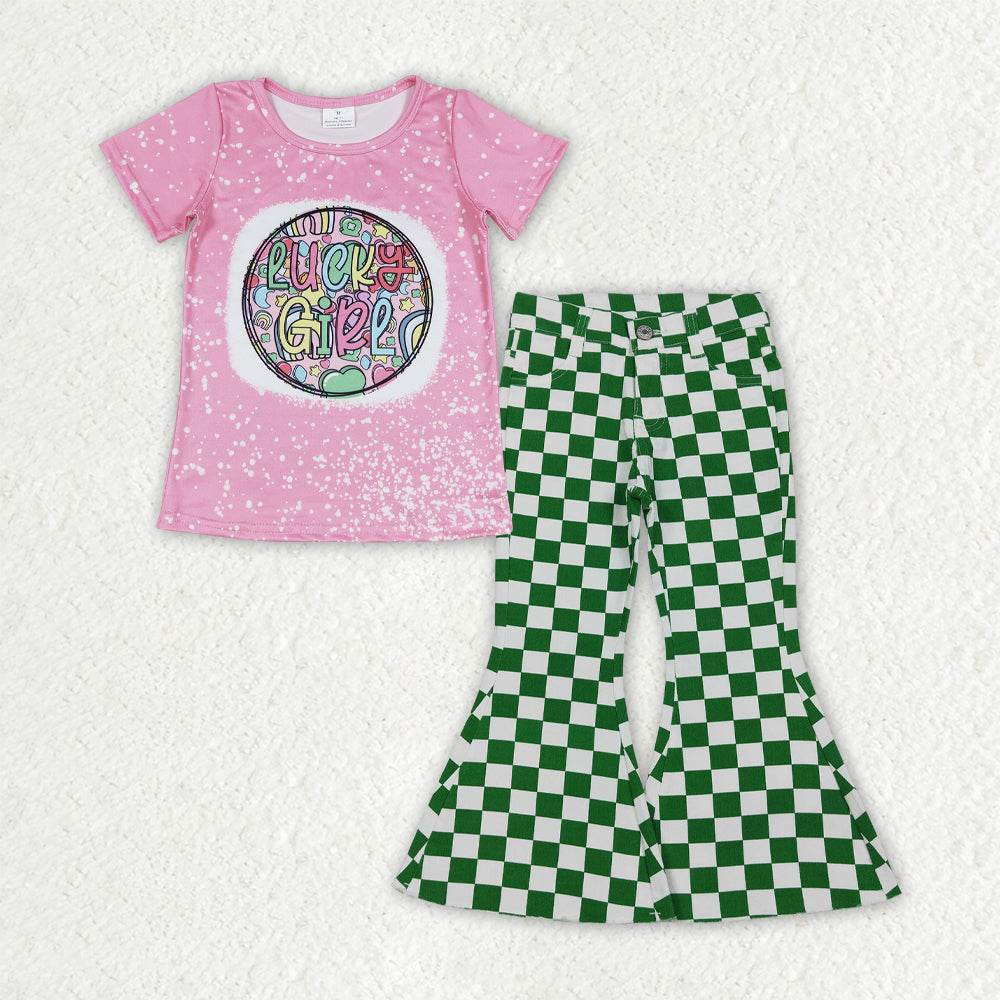 GSPO2288 Baby Lucky Girls Top Green Checked Denim Bell Bottom Pants St Patrick Clothes Sets
