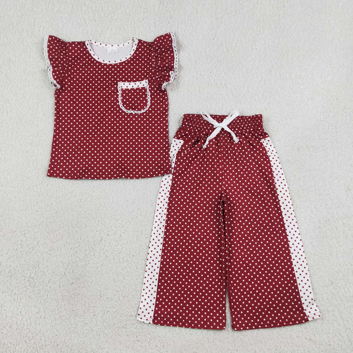 GSPO2329 Baby Girls Maroon Polka Dots Pocket Flutter Sleeve Top Flare Pant Clothes Set