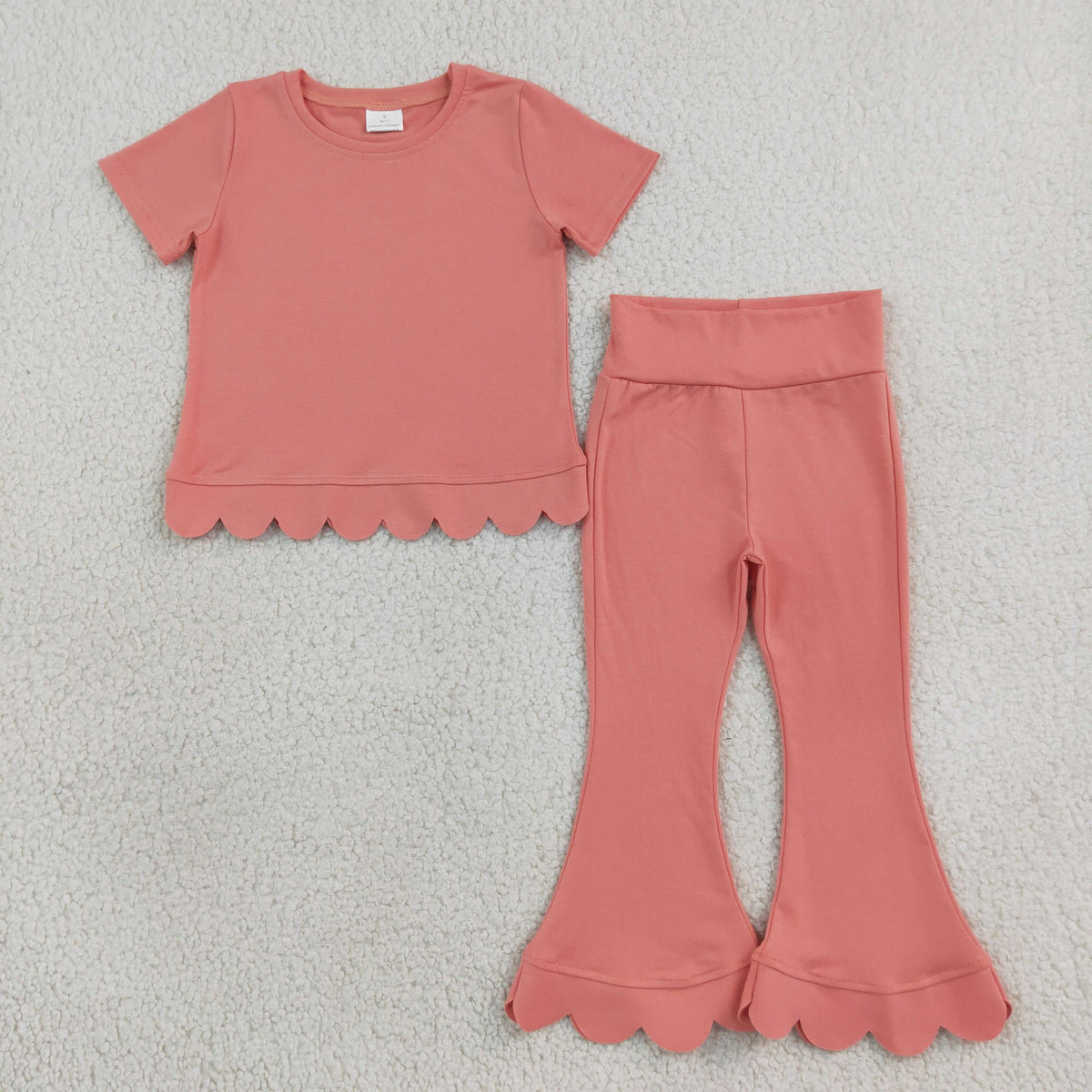 GSPO2338 Baby Girls Peach Short Sleeve Top Bell Bottom Scallop Cotton Clothes Set