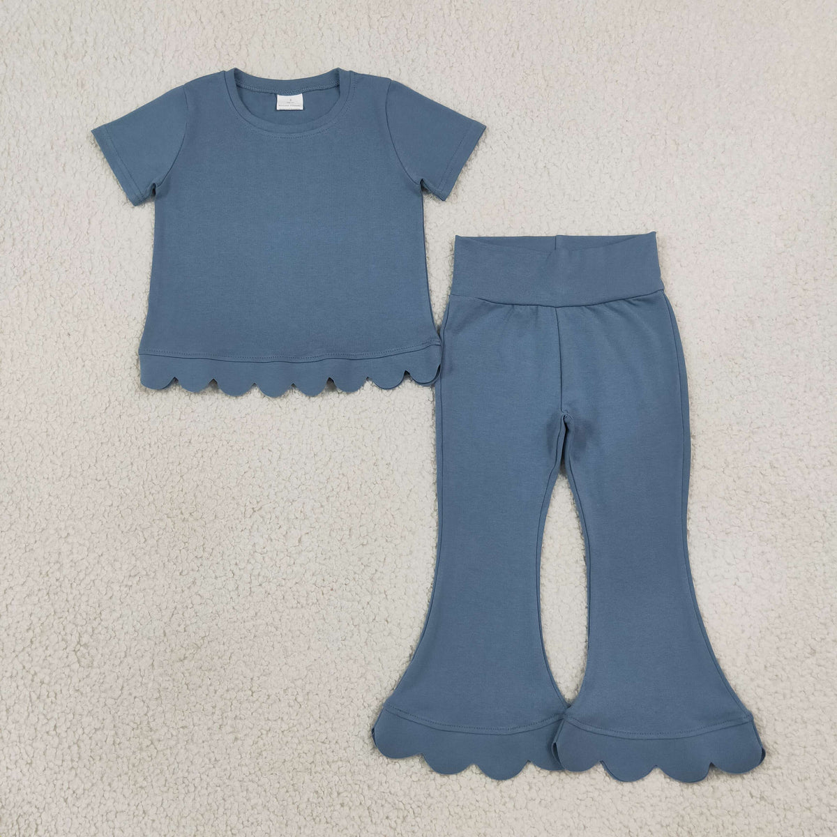 GSPO2339 Baby Girls Blue Short Sleeve Top Bell Bottom Scallop Cotton Clothes Set