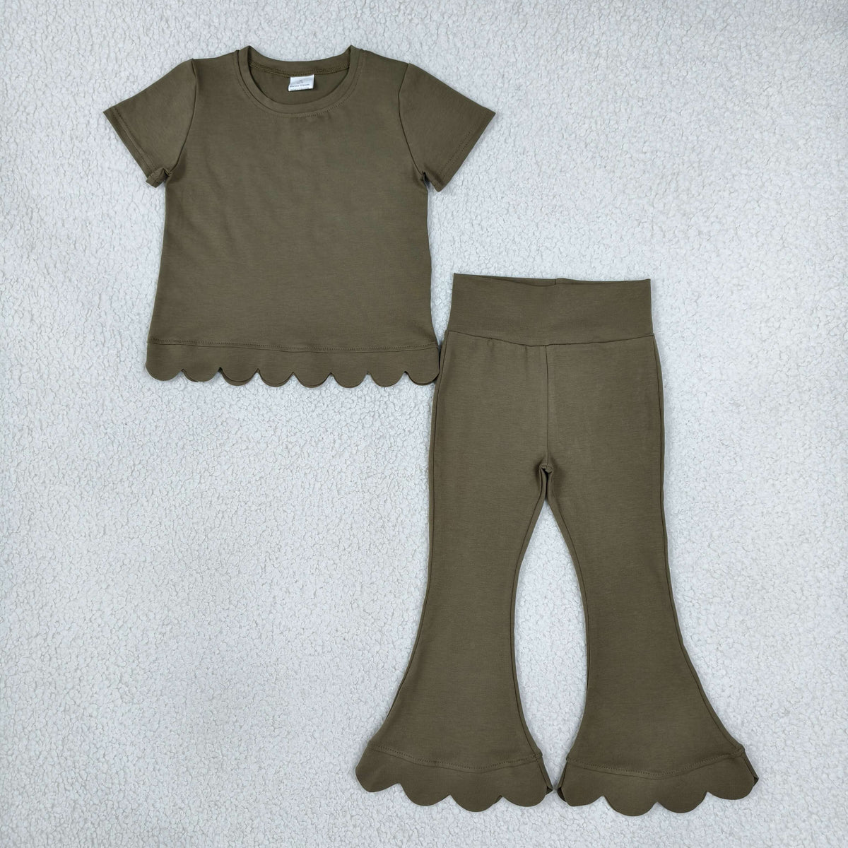 GSPO2342 Baby Girls Olive Short Sleeve Top Bell Bottom Scallop Cotton Clothes Set