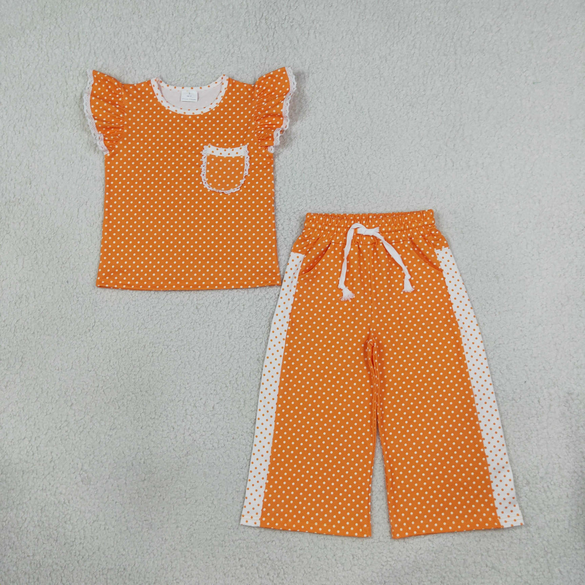 Sibling Baby Girls Flutter Sleeve Polka Dots Top Pockets Flare Pants Clothes Sets