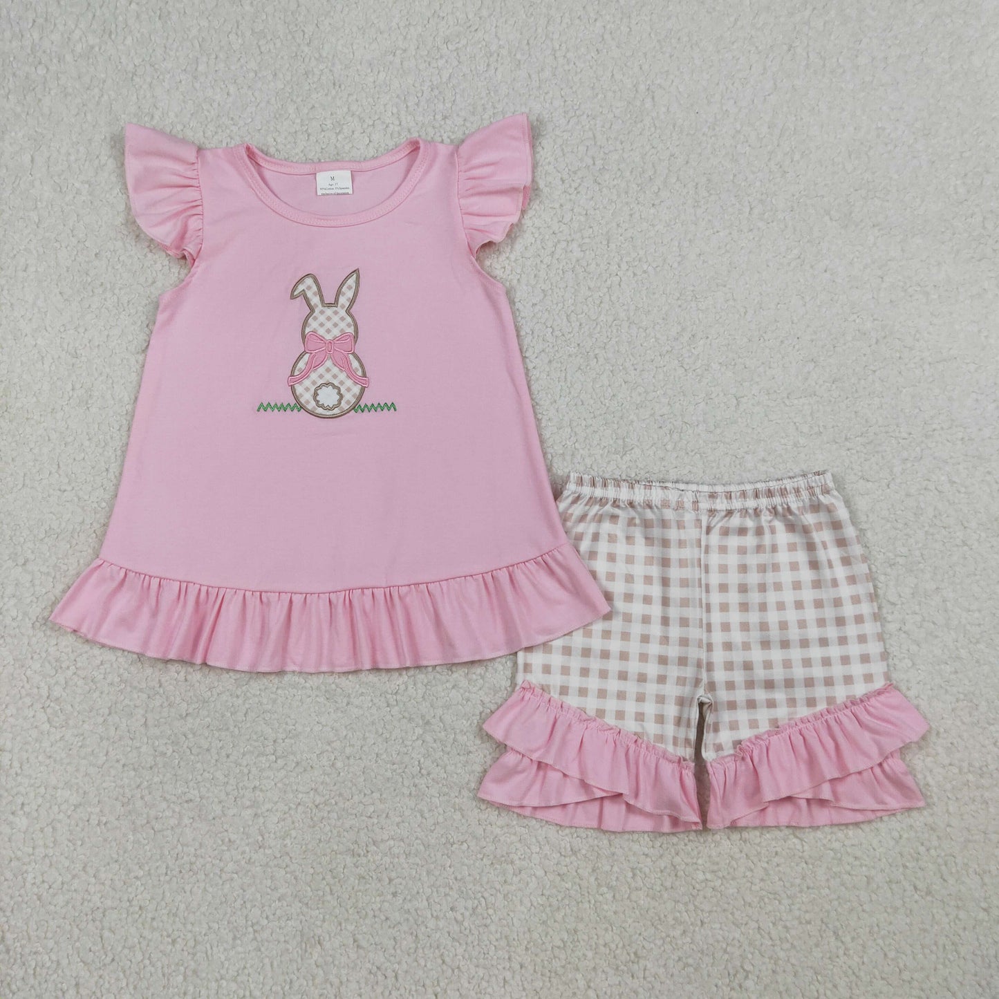 GSSO0374 Baby Girls Embroidery Rabbit Tunic Checked Ruffle Short Easter Clothes Sets