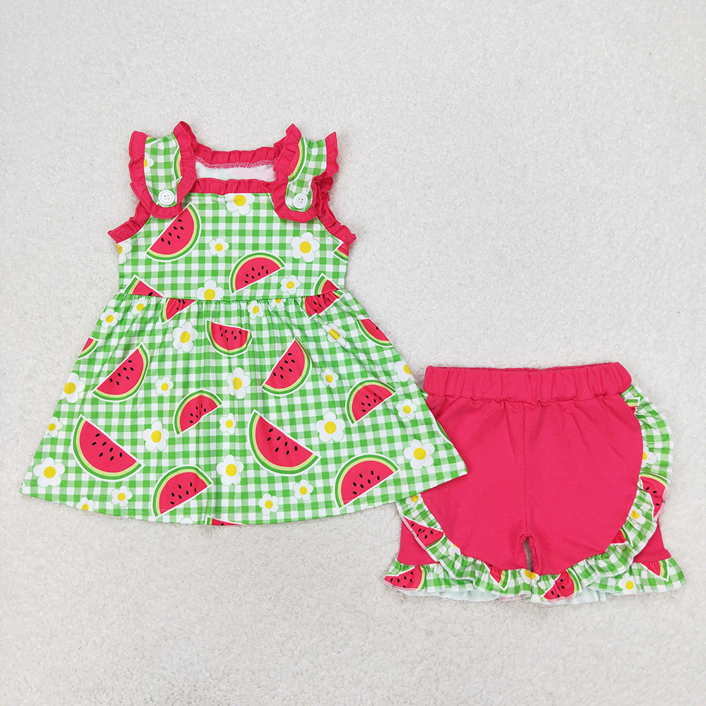 GSSO0701 baby girls summer green watermelon tunic ruffle shorts outfits sets