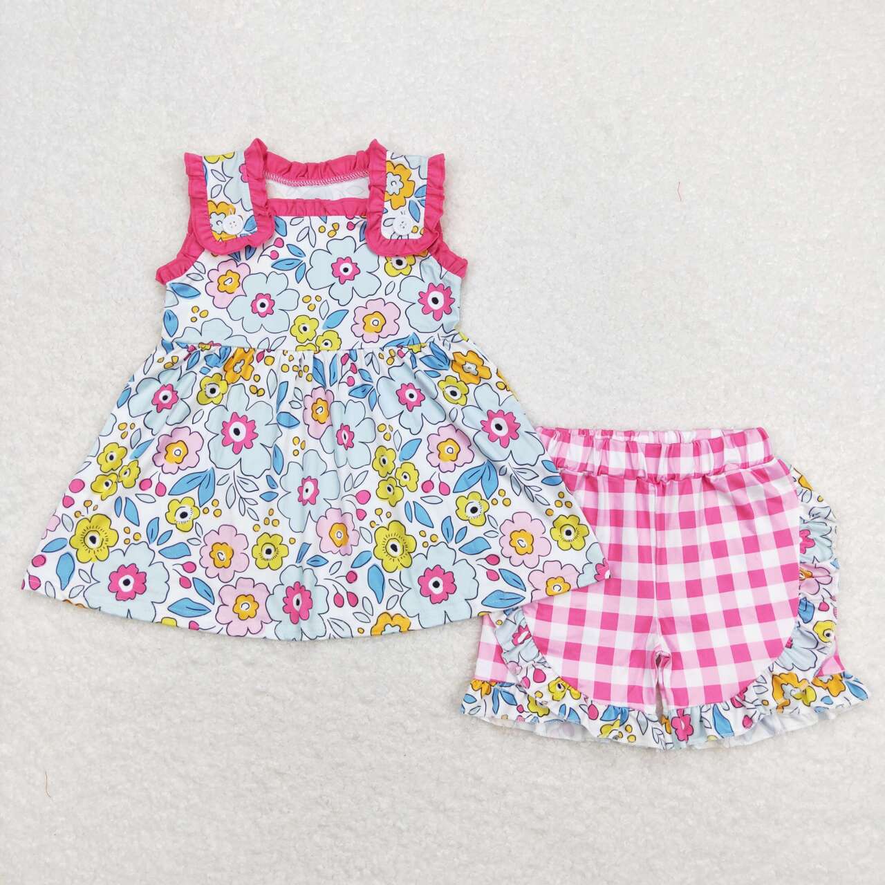 GSSO0711 baby girls summer pink flowers tunic ruffle shorts outfits sets