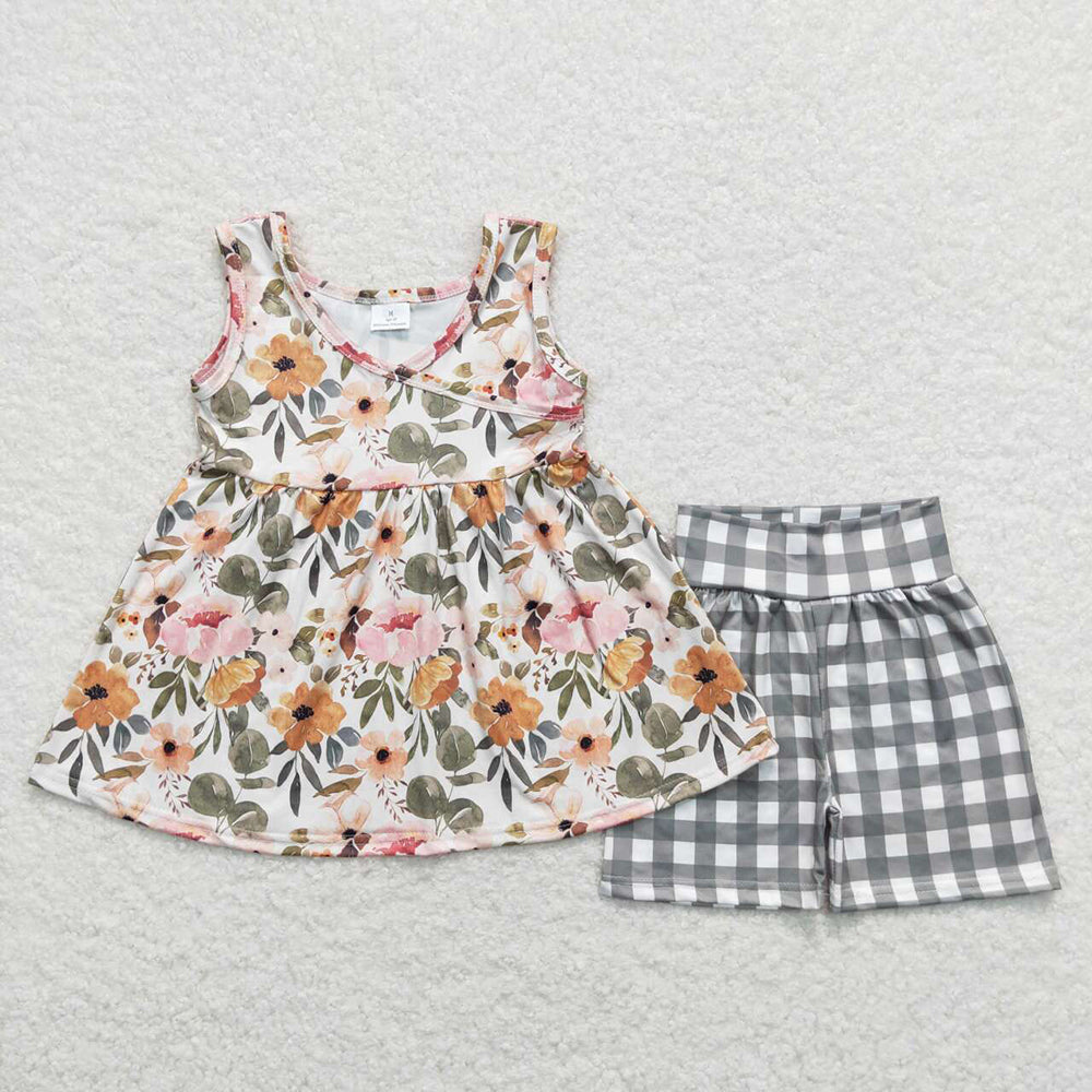 girls green flowers tunic checkered shorts sets GSSO0741