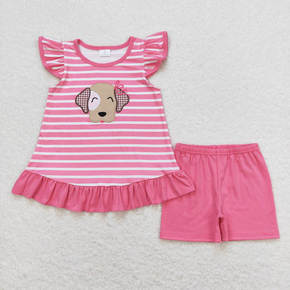 GSSO0874 baby girl clothes pink stripes dog summer outfits