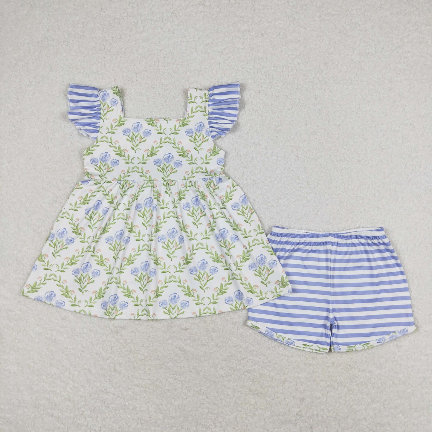 Sibling Baby Girls Flutter Sleeve Colorful Flowers Tunic Short Clothes Sets