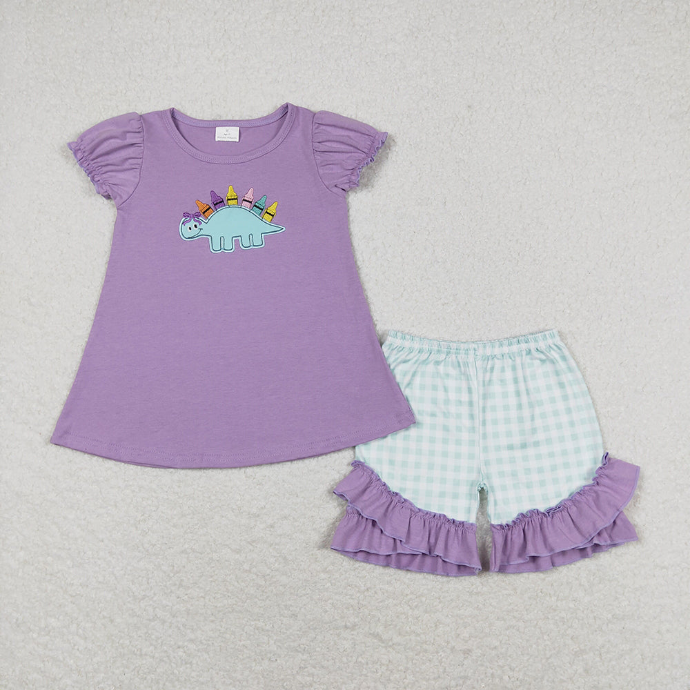 GSSO1032 baby girls dinosaur embroidery back to school toddler summer outfits