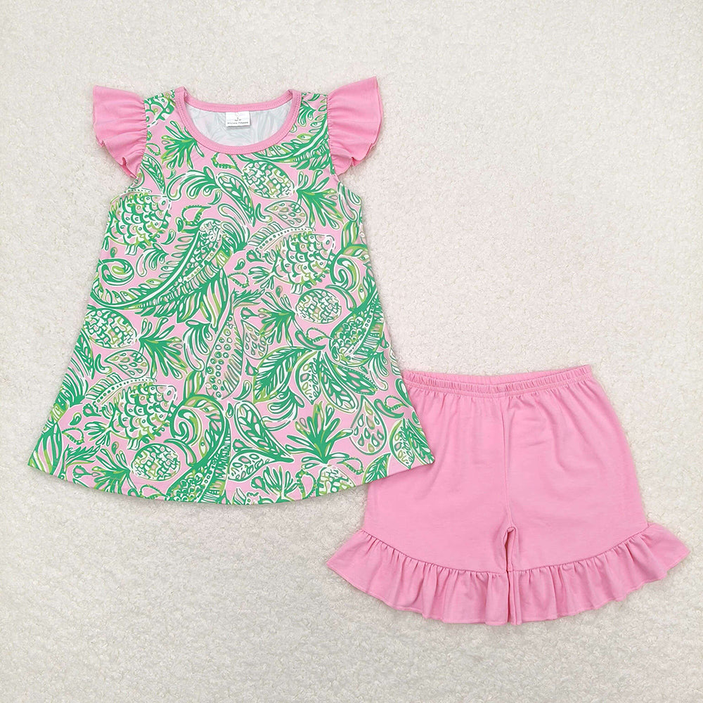 GSSO1083 baby girl green pink fishes tunic summer outfits sets