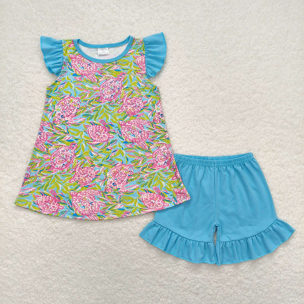 Sibling Baby Girls Sea Flowers Tunic Ruffle Shorts Outfits