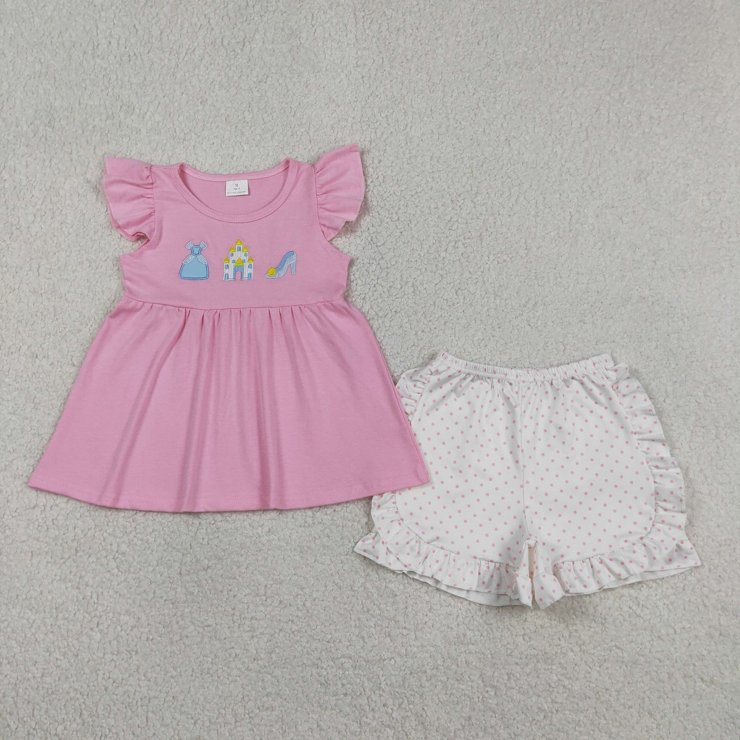 GSSO1186 Baby Girls Embroidery Dress Castles Tunic Polka Dots Ruffle Short Clothes Set