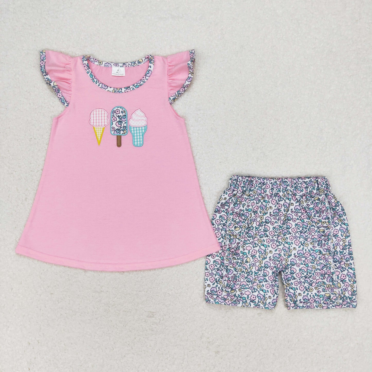Sibling Baby Girls Flutter Sleeve Embroidery Ice Creams Tunic Ruffle Shorts Clothes Sets