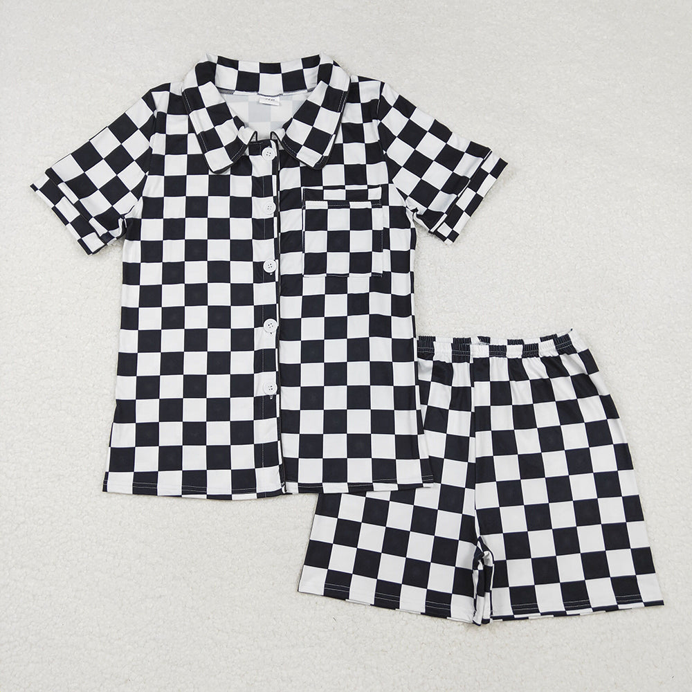 GSSO1536 adult women pajamas black checkered summer lounge wear sets