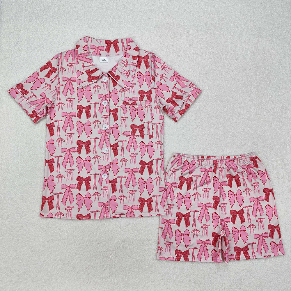GSSO1717 adult women pajamas dark pink bows summer lounge wear sets