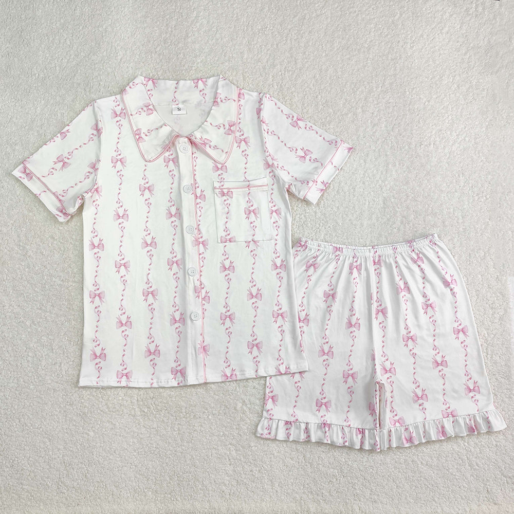 GSSO1944 adult women pajamas pink stripes bows summer lounge wear sets