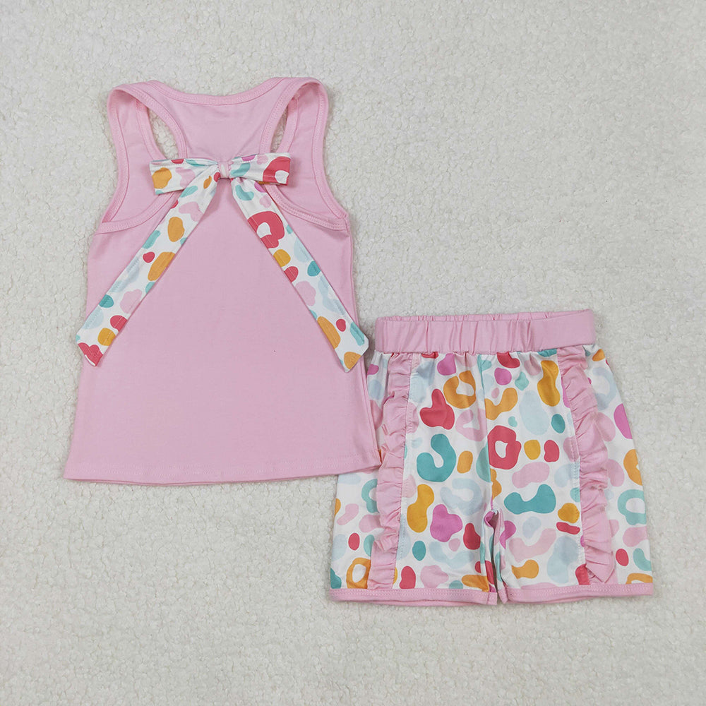 Sibling Baby Girls Sleeveless Colorful Leopard Camo Bow Vest Top Ruffle Shorts Set