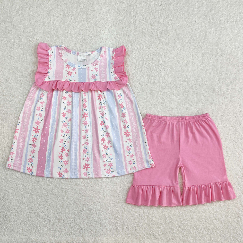GSSO2012 Baby girls pink flowers tunic ruffle shorts outfits