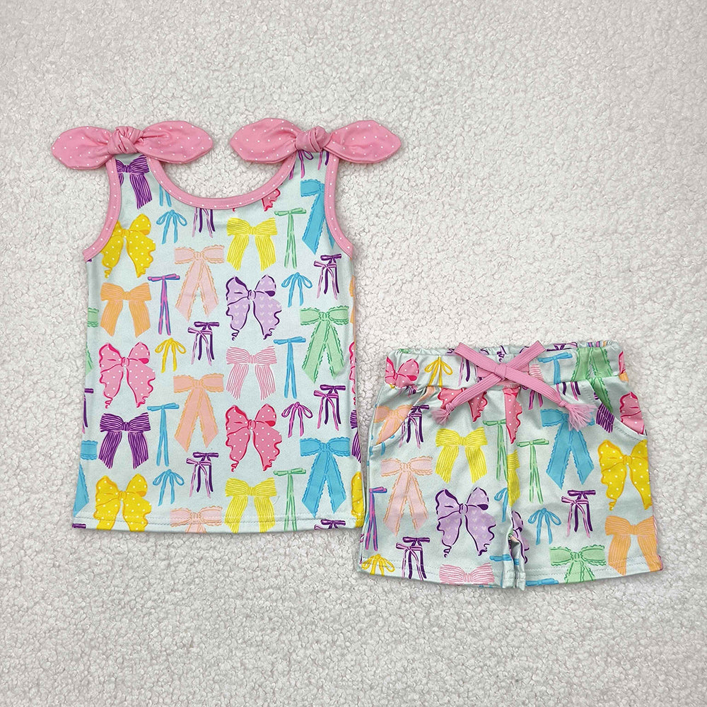 Sibling Baby Girls Colorful Bows Tops Shorts Outfits Sets