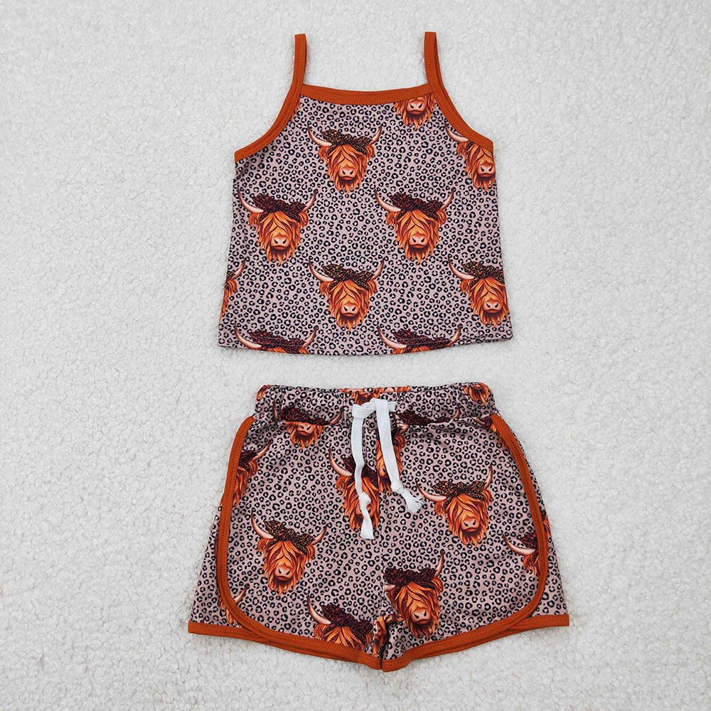 GSSO2341 baby girls western summer leopard cow strap top shorts outfits sets